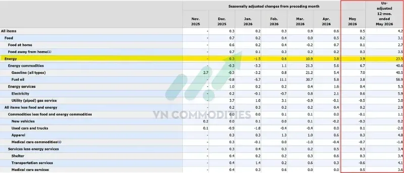 Giá năng lượng tăng 3,9% MoM.